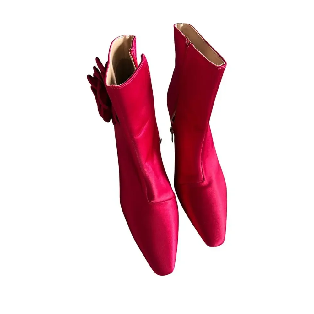 Red Satin Rosette Ankle Boots Pointed Toe Stiletto Sz 8.5